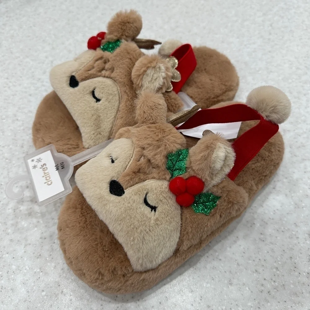 NEW Claire's Holiday Reindeer Slippers Kids Size M/L